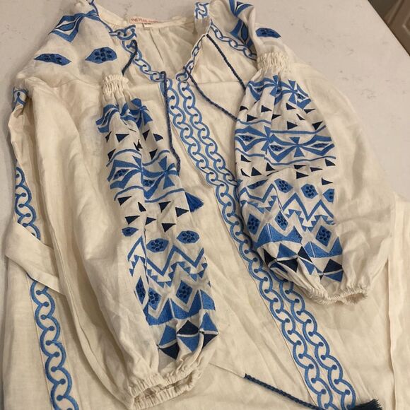 The Pearl Pagoda 100% Linen White Embroidered Long Sleeve Grecian Maxi Dress M - Picture 14 of 14